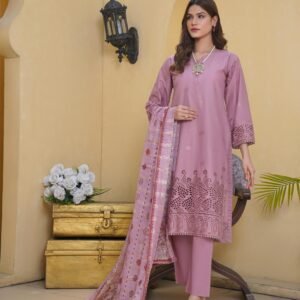 Woman posing in a stylish lavender salwar kameez with intricate patterns, indoor setting.