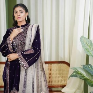Stylish portrait of a woman in traditional Pakistani attire with intricate embroidery, set indoors in Lahore.