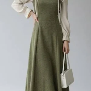 Olive Green A-Line Maxi Dress with Cream Full Sleeves