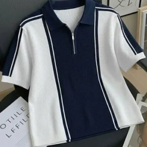 Navy Blue & White Knitted Polo T-Shirt