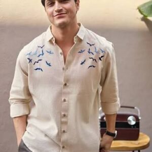 Men's Bird Embroidered Casual Linen Shirt (Beige)