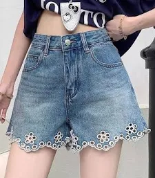 Light Blue Floral Hem Denim Shorts