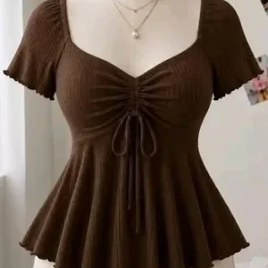 Chocolate Brown Ruched Peplum Top,